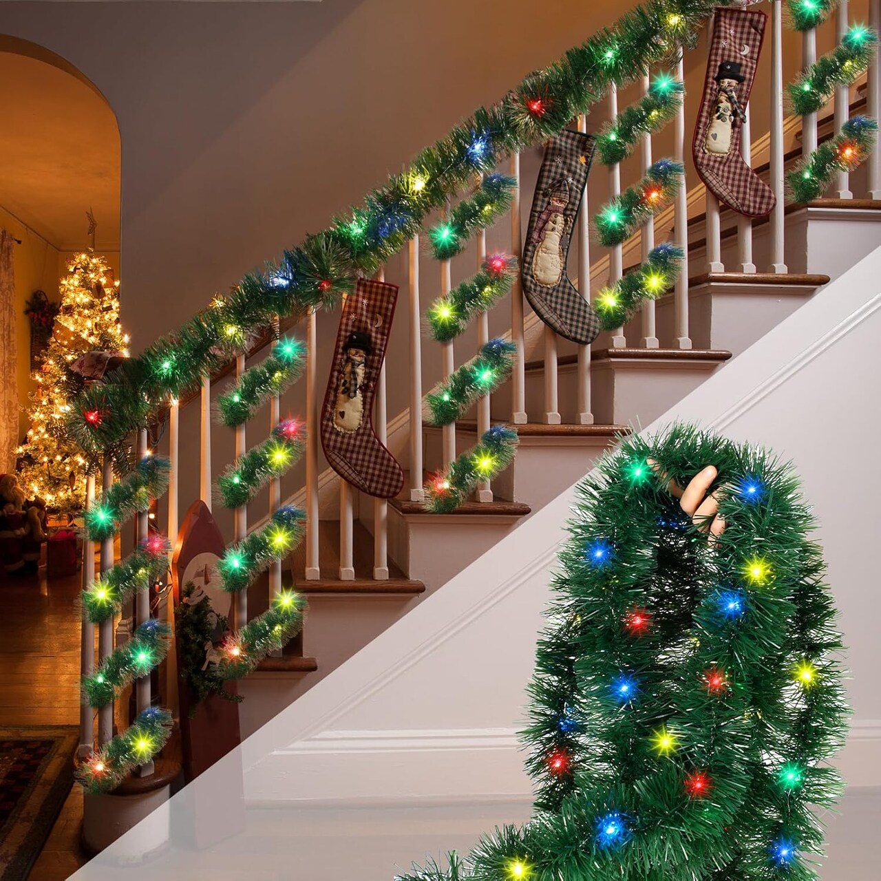 50 ft Christmas Tinsel Staircase Garland with 150 LED Light (Multicolor) 9.17 x 7.8 x 3.35 inches